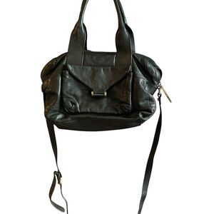 Treesje Women's Black Leather Shoulder Bag Feather Pattern Casual‎